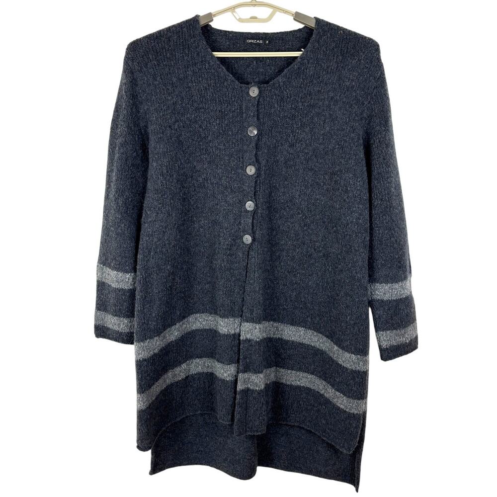 Grizas Gray Duster Cardigan Sweater Medium Stripe Wool Blend lagenlook layering